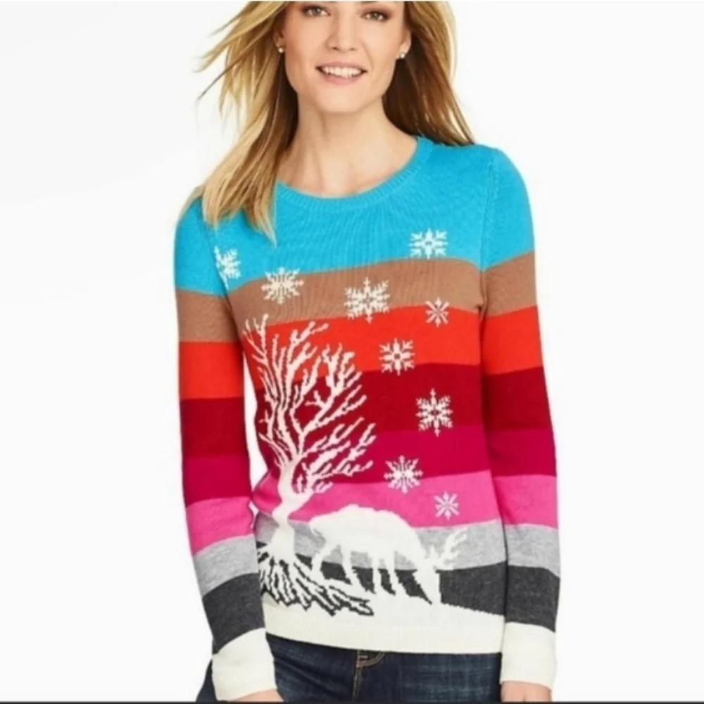 Talbots Colorful Winter Scene Lambs Wool Mohair Blend Knit Sweater Size Small